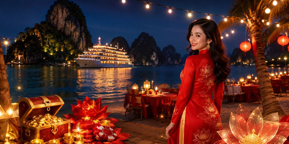 Phụ nữ mặc áo dài trải nghiệm casino giải trí tại Vịnh Hạ Long